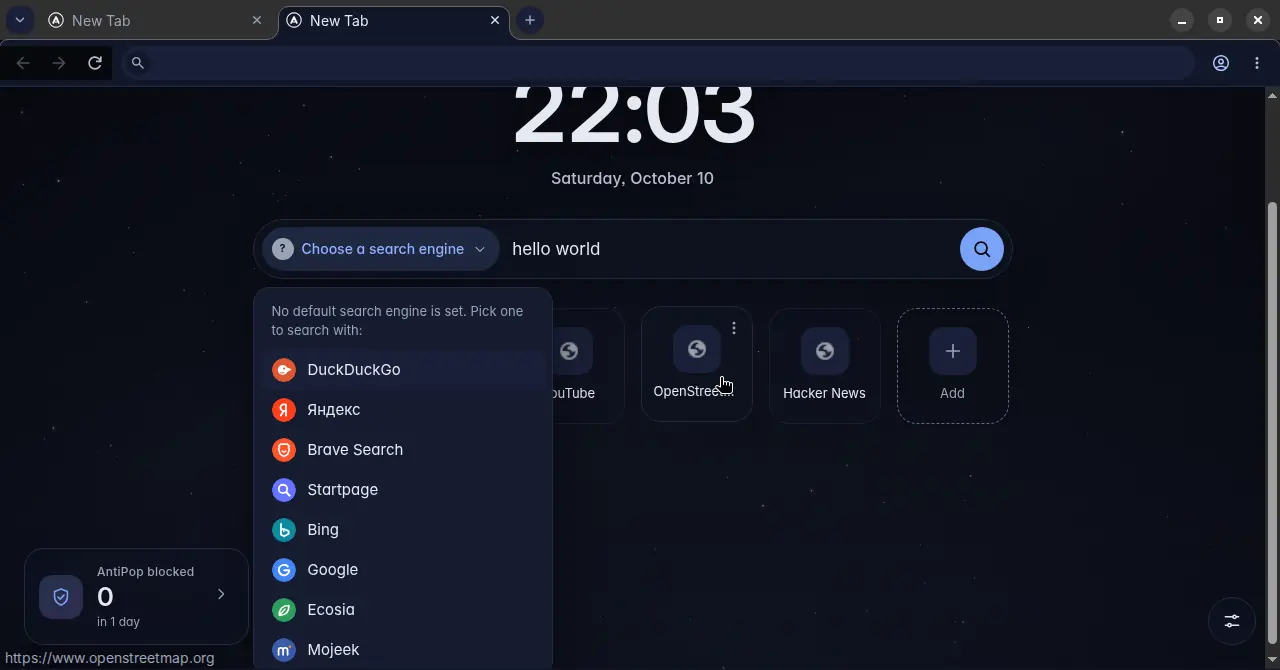 Choosing a search engine from the AntiPop new tab
