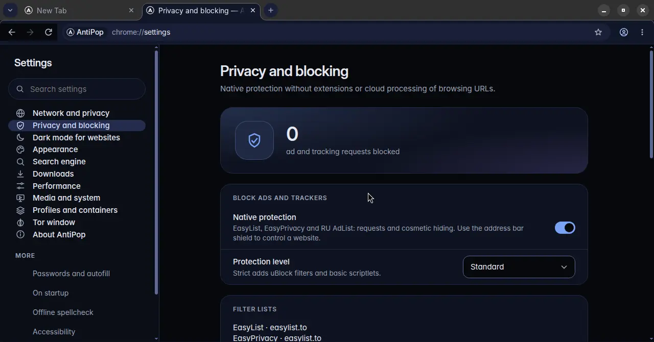 AntiPop settings: Privacy and blocking