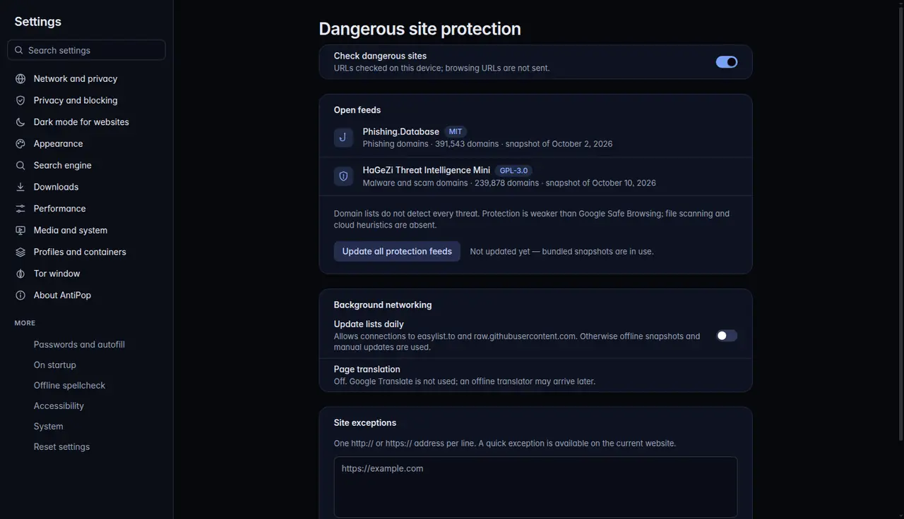 AntiPop settings: Dangerous site protection with open feeds