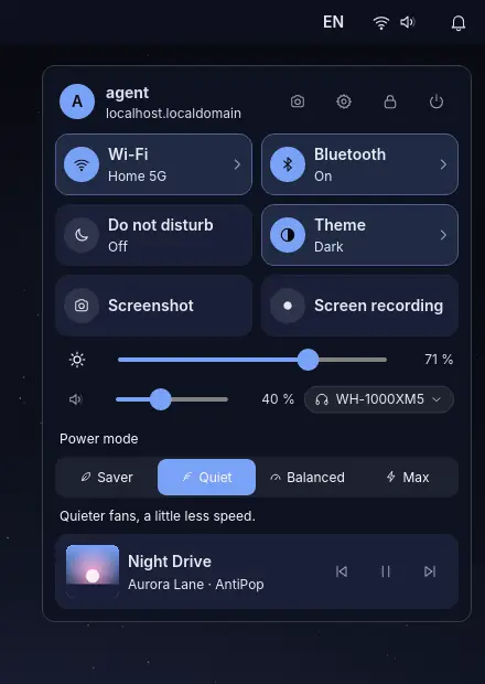 Nox control centre: Wi-Fi, Bluetooth, Do not disturb, theme, brightness, volume, power modes and media