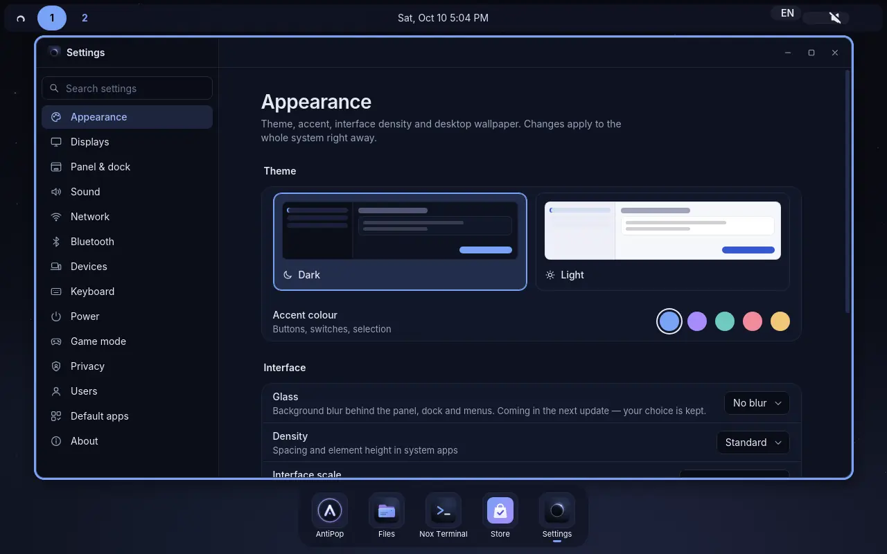 Nox OS desktop with the Settings app